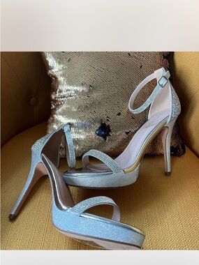 Silver Glitter Ankle-Strap High Heel Sandals - Women